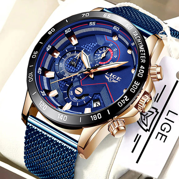 LIGE Fashion Mens Watches Top Brand Luxury WristWatch Quartz Clock Blue Watch